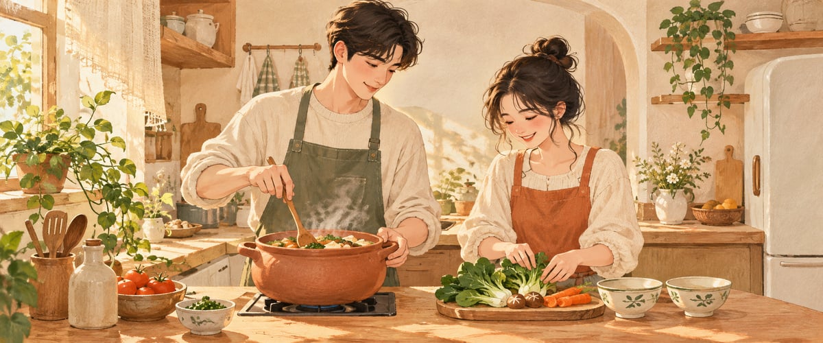 阳光洒进厨房，穿着围裙的两个人正在一起做饭